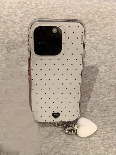 简约波点爱心图案手机壳，兼容 16 Pro Max、17 Pro、15、13、14 Pro，创意双层防震手机壳