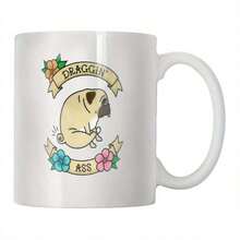 1 Piece 11oz Double-Sided DRAGGIN'  Pug And Floral Pattern Fun Coffee Mug -, Birthday, New Year, Humorous Suitable Him/Her/Female/Male, Coffee Enthusiast, Holiday Drinkware, Exquisite Illustration, High-Quality Craftsmanship - trắng - Xem 8