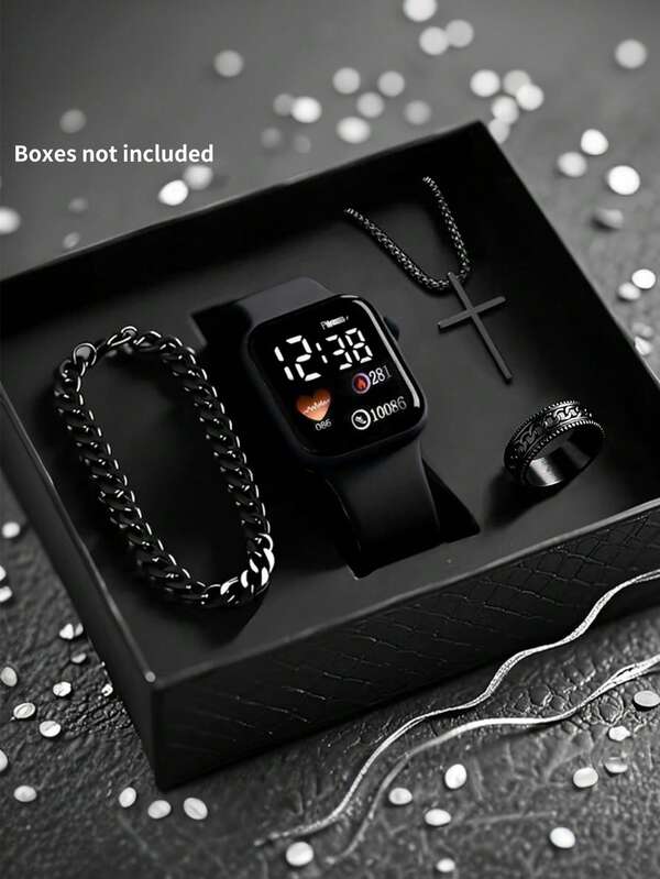 Set de 4 piezas: Reloj electrónico cuadrado de estilo casual y de negocios, collar, anillo y pulsera. Estilo casual y de moda, la mejor opción para regalar. Adecuado para reuniones de hombres, uso diario en viajes de negocios. Regalo perfecto para amigos, cumpleaños, Día del Padre, Navidad, Halloween. Regalo ideal para hombres.