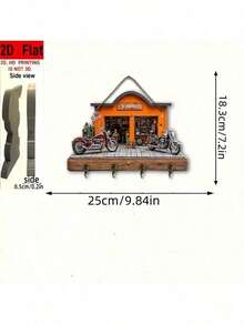 2D Flat, 1pc Christmas Motorcycle Garage Theme Decorative Wooden Multi-Function Key Hook With 4 Metal Hooks, Wall Decor, Porch Decor, Room Decor, Villa Decor, Home Decor For All Seasons