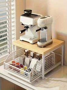 Rak Penyimpanan Meja Dapur 2 Tingkat dari Kayu Solid dan Logam dengan Laci dan Keranjang Kawat - Pengatur Hemat Ruang untuk Mesin Kopi, Peralatan Dapur, Bumbu - Desain Hitam Putih Modern, Tidak Membutuhkan Listrik, Rak Penyimpanan Rumah yang Tahan Lama, Rak Oven Microwave - MultiWarna - View 4