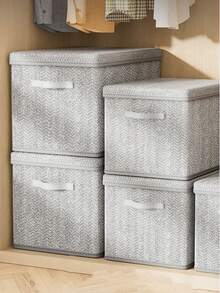 1pc Contemporary Canvas Clothing Storage Box With Lid, Large Capacity, Foldable Wardrobe Organizer, Stacking Snack Bin