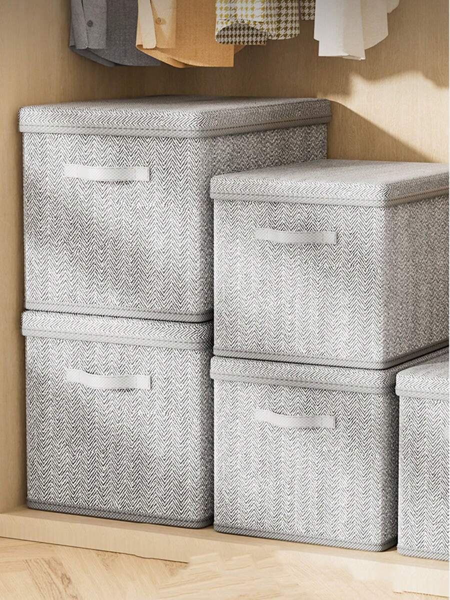 1个现代帆布带盖衣物收纳盒，大容量，可折叠衣柜整理盒，可堆叠零食盒