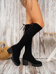 Bottes hautes à talons épais avec laçage dans le dos pour femmes grandes tailles, couleur unie - Noir - Voir 5