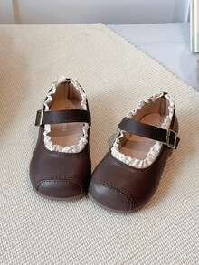 2025 Christmas & New Year Gift, 3-12 Years Old Girls, Dark Brown & White Wavy Lace, PU Leather Anti-Slip, Metal Buckle Low-Top Closed Toe Flats, Retro Sweet Princess Shoes, Suitable For Daily Wear, School Activities, Best Seller