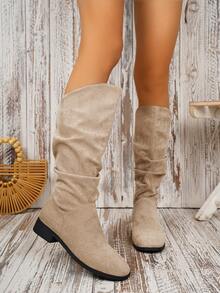 Bottes mi-mollet plates à enfiler de couleur unie pour femmes grandes tailles - Kaki - Voir 6