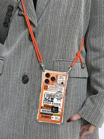 1pc C54 Label Color Block Patchwork Transparent Phone Case With Hanging Strap, Corners With Hanging Holes, Vertical/Horizontal Hanging, Airbag Anti-Drop, TPU Soft Shell, Independent Comfortable Black Buttons, Includes 1pc 4mm Orange Hanging Strap, Adjustable One Shoulder/Crossbody Strap, Suitable For Outdoor/Hiking/Hands-Free, For Men/Women/Friends/Couples, Fits 17/17Pro/AIR/17PROMAX/16/16Pro/16PLUS/16Promax/16E/15/11/12/13/14/13mini/XR/7P/8P