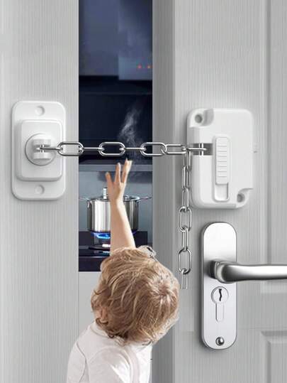 1pc No-Drill Window Security Chain Lock, Metal & Plastic Anti-Fall Safety Latch For Sliding Doors And Windows, High-Rise Building Safety Device, Refrigerator And Cabinet Door Lock