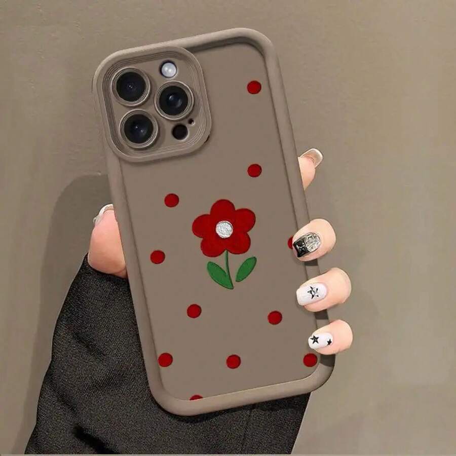 [Teléfono] 15 Plus, 16 Pro, Xs, 11, 12, 13, 14 Pro, 8 Plus, 5, SE 2022, SE2, SE3, Este teléfono presenta un diseño de escaleras con lunares y una encantadora florecilla roja, ofreciendo una apariencia hermosa. Es una funda protectora suave para mujer, resistente a caídas. - marrón - Ver 1