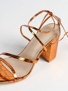 女士橙色高跟凉鞋,长系带至小腿,方头粗跟,舒适时尚,百搭高跟鞋,露趾设计拉长腿部线条,粉嫩别致鞋款 - 橘色 - 查看 8