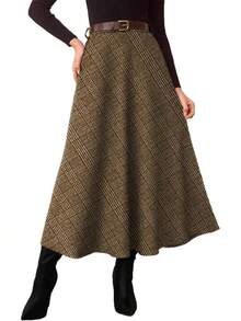 High Waisted A Line Midi Skirts Women With Pockets, Plaid, Elegant, Work Dress, Long, Wool Tartan, Flowy, Fall & Winter Skirts, Going Out Outfits Women, Coffee Color - 棕色 - 查看 8