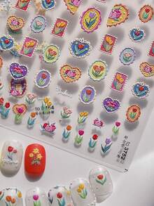 1片浮雕郁金香花束美甲贴纸，彩色印章，5D立体花卉美甲贴花，复古优雅植物图案，自粘式，适合女士精致DIY美甲，美甲用品，美甲贴纸 - 彩色 - 查看 9