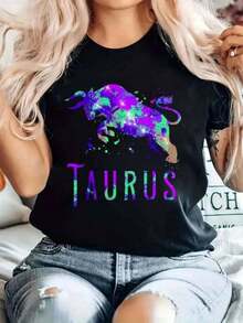 Camiseta de Mujer del Zodiaco Tauro - Diseño Retro de Toro y Símbolo de Tauro, Top de Manga Corta y Corte Holgado con Estampado de Toro en Morado/Verde/Rosa/negra Rosado, Mezcla Ligera de 100% algodón para Uso Casual en Primavera y Verano, Regalo de Astrología para Tauro - Negro - Ver 2