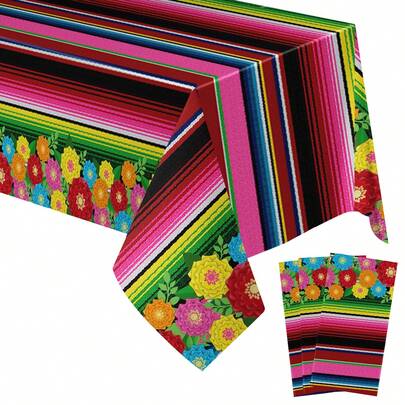Paquete de 3/1 Manteles de plástico desechables a rayas mexicanas de 137*274cm, adecuados para fiestas de cumpleaños y festivales mexicanos, decoraciones de fiesta de celebración rectangular.