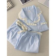 2025 New Women'S 3pcs Pajama Set - Cute Cartoon Sweet Style, Short Sleeve, Long Pants & Shorts, Casual Button-Up Homewear, Polyester Blend, Perfect For Adult, Adult Homewear | Playful Design | Polyester Blend - 天藍色 - 查看 13
