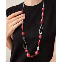 Noessla Layered Long Necklaces For Women Crystal Beaded Statement Necklace Sweater Silver Chain With Gifts Box Jewelry{Inchcolor_nameinch:Inch07-Redinch} - 07-Merah - View 4