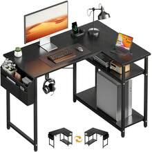 L Shaped Computer Desk With Storage Bag And 2 Adjustable Shelves,110cm Space-Saving Corner Desk With Headphone Hook, Reversible Home Office Table With Storage For Small Spaces, Study, And Remote Work - Black - View 1