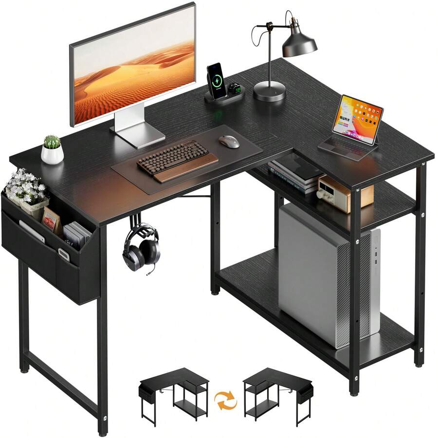 L Shaped Computer Desk With Storage Bag And 2 Adjustable Shelves,110cm Space-Saving Corner Desk With Headphone Hook, Reversible Home Office Table With Storage For Small Spaces, Study, And Remote Work - Black - View 1