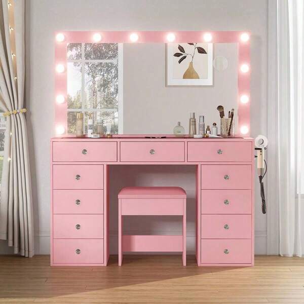 FUSOU Makeup Vanity Desk With Mirror & 12 LED Lights, Vanity Table With 11 Drawers, Power Outlet & Chair, 3 Lighting Modes Adjustable, White