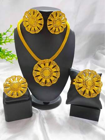 Juego de joyería con 4 piezas chapadas en oro con colgante floral - collar, pulsera, anillo, aretes, adecuado para novias sauditas, de Oriente Medio, de Dubái, europeas, africanas, bodas, fiestas, citas, Día de la Madre, San Valentín, Halloween, Navidad, regalos festivos, uso diario