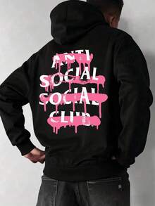 Hombre003-1 Men's Round Neck Hoodie With Anti Social Club Sad Boyz Print, Kangaroo Pocket And Drawstring, Long Sleeve, Loose And Casual, Ideal For Gifting As Men's Clothing Front And Back (Lightweight Spring-Autumn Model). Choose A Larger Size.) - 黑色 - 查看 9
