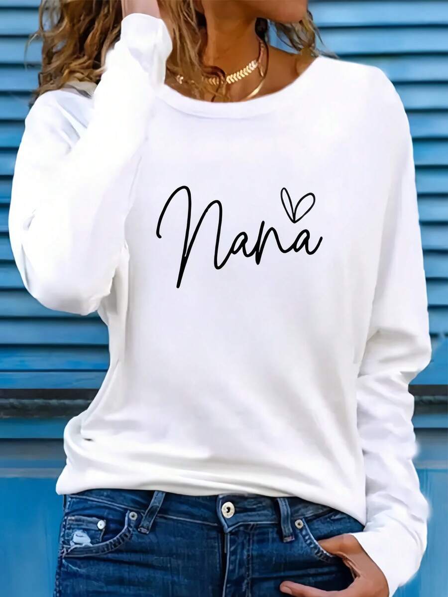 New In 2025-Comfortable Casual Crew Neck Long-Sleeved T-Shirts,"Nana" Creative Letter Prints Women's Clothing, Interesting Graphic Tees Very Suitable For Daily Leisure And Home,Fall Clothes For Women,Stylish And Comfortable Autumn And Winter Outfit Styles - 白色 - 查看 1