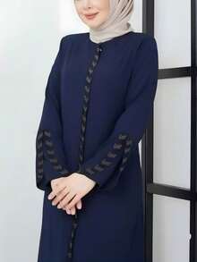 Navy Blue Elegant European & Middle Eastern Style Women Long Robe, Sapphire Blue Robe With Zipper, Rhinestone Embellished Long Sleeve Luxurious Abaya Jalabiya Spring - Navy Blue - View 4