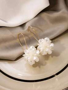 Exaggerated Design Long Floral Ball Earrings With White Petals & Geometric Ear Studs, Women's Daily Wear - White - View 3