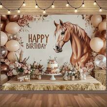 一款马主题生日派对背景布，优雅的马主题生日派对装饰，营造喜庆的生日氛围，以马、气球和蛋糕设计为特色，非常适合生日、拍照/直播、蛋糕桌装饰以及家居花园、客厅和卧室装饰。 - 彩色 - 查看 1