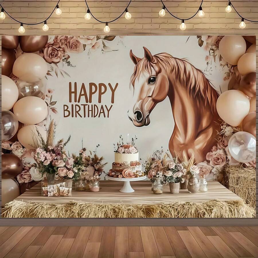 一款马主题生日派对背景布，优雅的马主题生日派对装饰，营造喜庆的生日氛围，以马、气球和蛋糕设计为特色，非常适合生日、拍照/直播、蛋糕桌装饰以及家居花园、客厅和卧室装饰。 - 彩色 - 查看 1