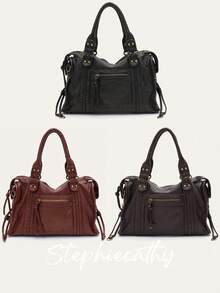 STEPHIECATHY Retro Casual Cool Street Unisex Style Handbag Soft Brush Off Washed PU Vegan Leather Zipper Closure Zip Pockets Braid Decor Large Capacity Small Size Tote Adjustable Long Strap Cross Body Shoulder Bag Top-Handle Purse Women Daily College Commute Travel Versatile - Multicolor - View 11