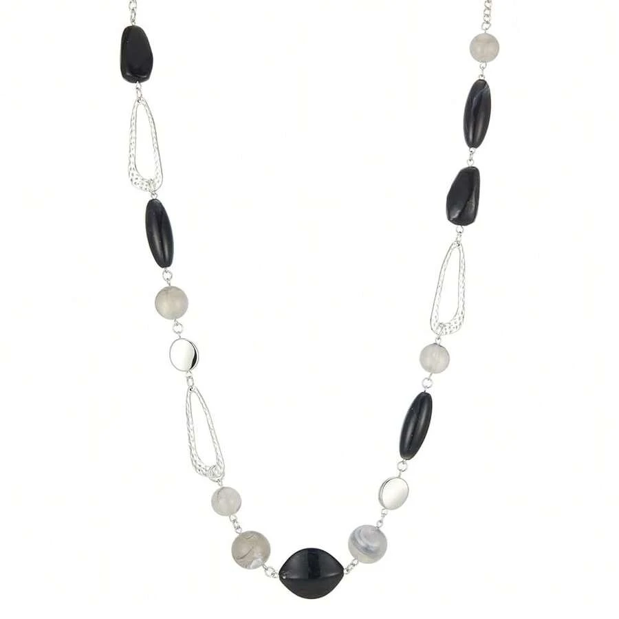 Noessla Layered Long Necklaces For Women Crystal Beaded Statement Necklace Sweater Silver Chain With Gifts Box Jewelry{Inchcolor_nameinch:Inch07-Blackgreyinch} - 07-黑灰色 - 查看 1