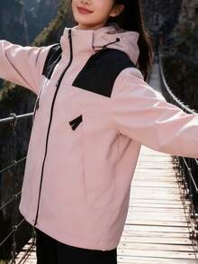 This Outdoor 3-In-1 Jacket Offers Professional-Grade Protection And A Multi-Functional Design. It Features Windproof And Waterproof Fabric, An Adjustable Hooded Stand-Up Collar, Lightweight Comfort, Versatility, And A Unique, Stylish Design. - Pink - View 5