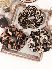 3条优雅复古豹纹发圈，适合扎马尾辫、茶道及日常佩戴。