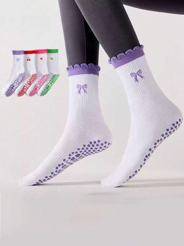 2pcs/3pcs/4pcs/5pcs Yoga Socks For Women, Mid-Calf Socks For Professional Fitness, Pilates, Non-Slip Sports Socks To Pair With Shark Bite Pants, Summer