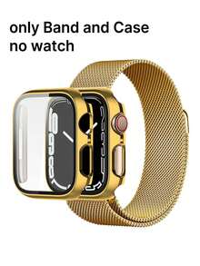2-In-1 Band And Case, Gold Color, Compatible With Apple Watch. Soft And Breathable Adjustable Stainless Steel Band Paired With A Magnetic Band, And A Shockproof And Scratch-Resistant Hard PC Hollow Case. Compatible With Apple Watch Series Ultra/11/10/9/8/7/6/5/4/SE, Sizes 40/41/42/44/45/46/49mm. Comfortable To Wear With Excellent Feel. Suitable For Both Men And Women. - Gold - View 5
