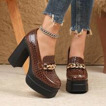 女士新款复古现代压纹漆皮乐福鞋，方头厚底超高跟一脚蹬鞋，搭扣装饰优雅百搭，适合街头、通勤、派对、约会、户外等各种场合。 - 咖啡棕 - 查看 11