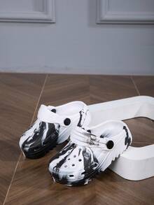 儿童男女通用透气凉鞋，轻便舒适沙滩鞋，印花图案，夏季 - 黑與白 - 查看 2