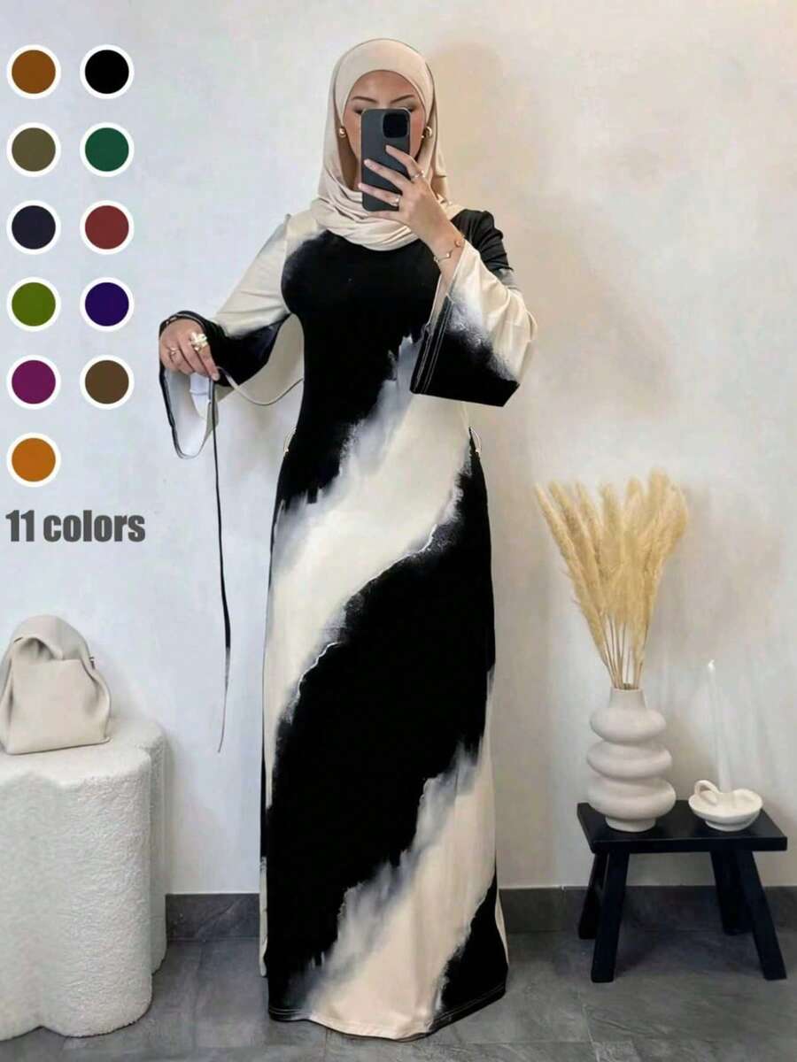 大码穆斯林女式休闲修身长袖连衣裙，秋冬春季黑色 - 黑色 - 查看 1