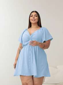 Plus Size Romper With Drawstring And Shorts. - Baby Blue - View 2