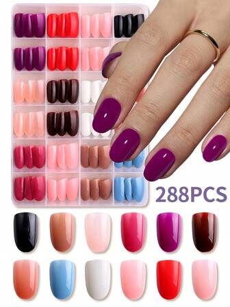 288Pcs Colorful Short Oval Acrylic Press On Nails Set, Manicure Glossy Full Cover Fake Nails, Natural Artificial Nail Tips For Women And Girls Daily Life And Party Use Nail Supplies Nails