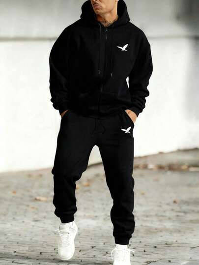 男士加大码休闲数码印花连帽衫外套和运动裤套装（2件套），常规版型，适合春秋季穿着