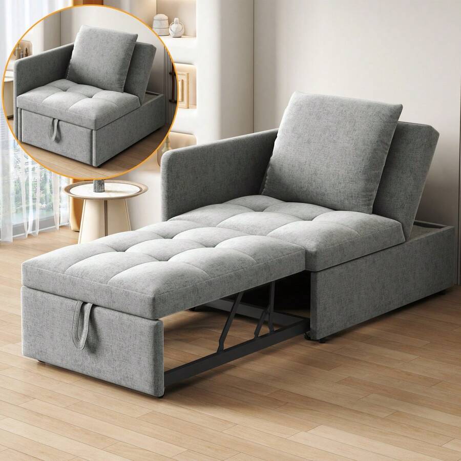 3 en 1 Sofá Cama Multifuncional, Sofá de Tela de Lino con Respaldo Ajustable, Sofá Reclinable para Espacios Pequeños - Gris + Tapizado + Lino + 2 Plazas - Ver 1