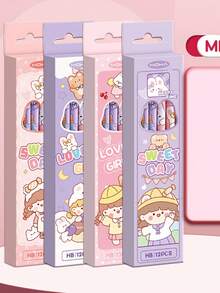 12支/盒卡通水豚图案HB铅笔带橡皮擦，必备文具礼盒套装，可擦铅笔，学习用品，学生铅笔，学习配件 - 彩色 - 查看 10