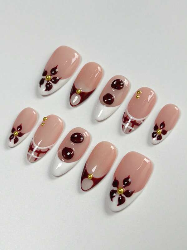 10 Stücke mandelförmige Aufklebe-Nägel, handgemacht mit braunem französischem und niedlichem Kaffee-Bohnen-Design, dickes Acryl- & Mehrschicht-Gel-Konstrukt für Salon-ähnliche Haltbarkeit, zeigt sanfte und elegante Ausstrahlung, sehr geeignet für Mädchen und Frauen zum Tragen im Herbst und Winter Nagelpflege-Zubehör