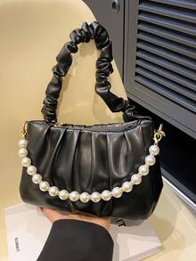 Fashionable & Elegant Pleated Pearl Decor Shoulder Bag - Black - View 5