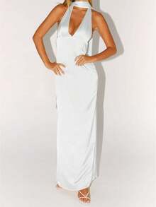 Women Long Dress Floral Print/Solid Color Halter Neck Backless Dress Summer V-Neck Sleeveless Dress - trắng - Xem 1