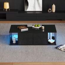100*50*30cm Living Room Coffee Table, Sofa Table With LED, High Gloss + Tempered Glass Design, Coffee Table With 2 Cabinets, Simple Design Side Table, Black, Chipboard - Black - View 4