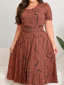 GODÊ MIDI DRESS, FLAT SKIRT WITH BELT, SHORT SLEEVES AND GEOMETRIC PRINT - Rỉ Nâu - Xem 5