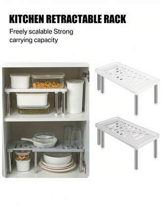 1 pieza Estante de gabinete expandible, Estante de almacenamiento de cocina, Estante para especias ajustable de encimera, Organizador de almacenamiento de cocina apilable, Para despensa, baño, escritorio de oficina, gabinete, inodoro, debajo del fregadero